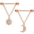 14G 5/8 Aurora Gem Rose Gold Tone Moon Sun Dangle Nipple Ring Set