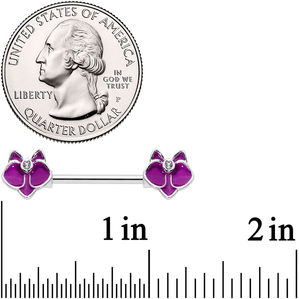 14G 9/16 Clear Gem Purple Orchid Flower Barbell Nipple Ring Set