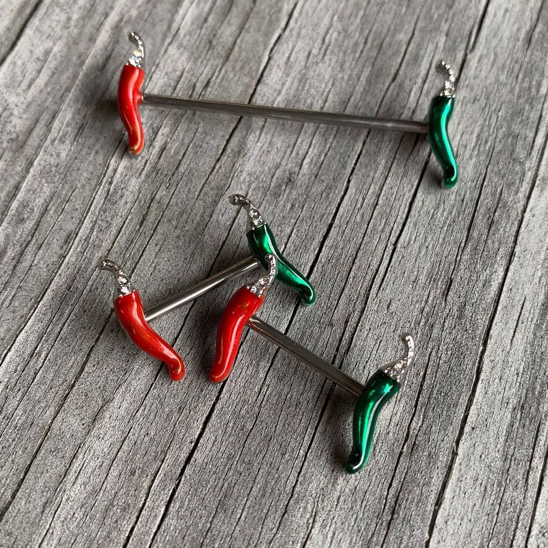 14G Clear Gem Red Green Pepper Industrial Barbell 38mm