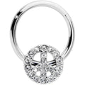 16G 3/8 Clear Gem Retro Peace Sign Hinged Segment Ring