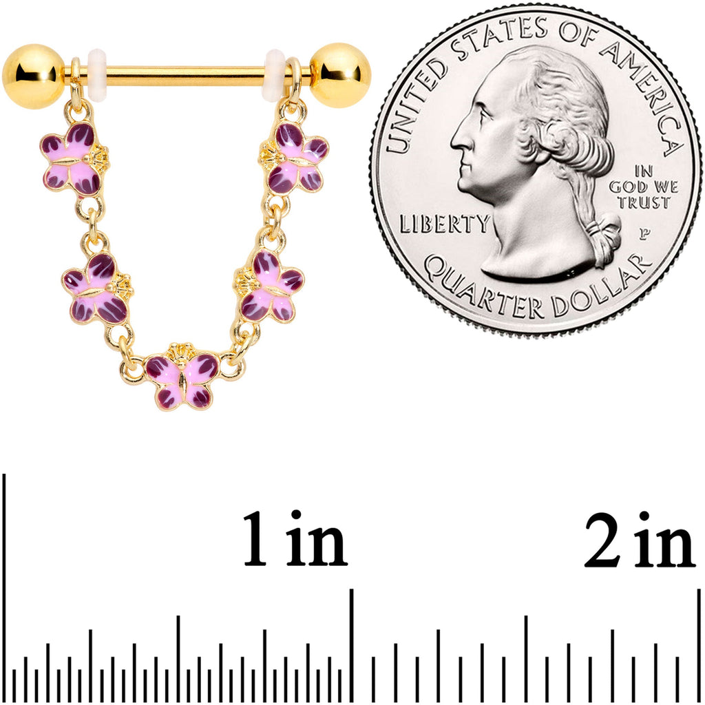 14G 3/4 Pink Purple Gold Tone Butterflies Dangle Nipple Ring Set