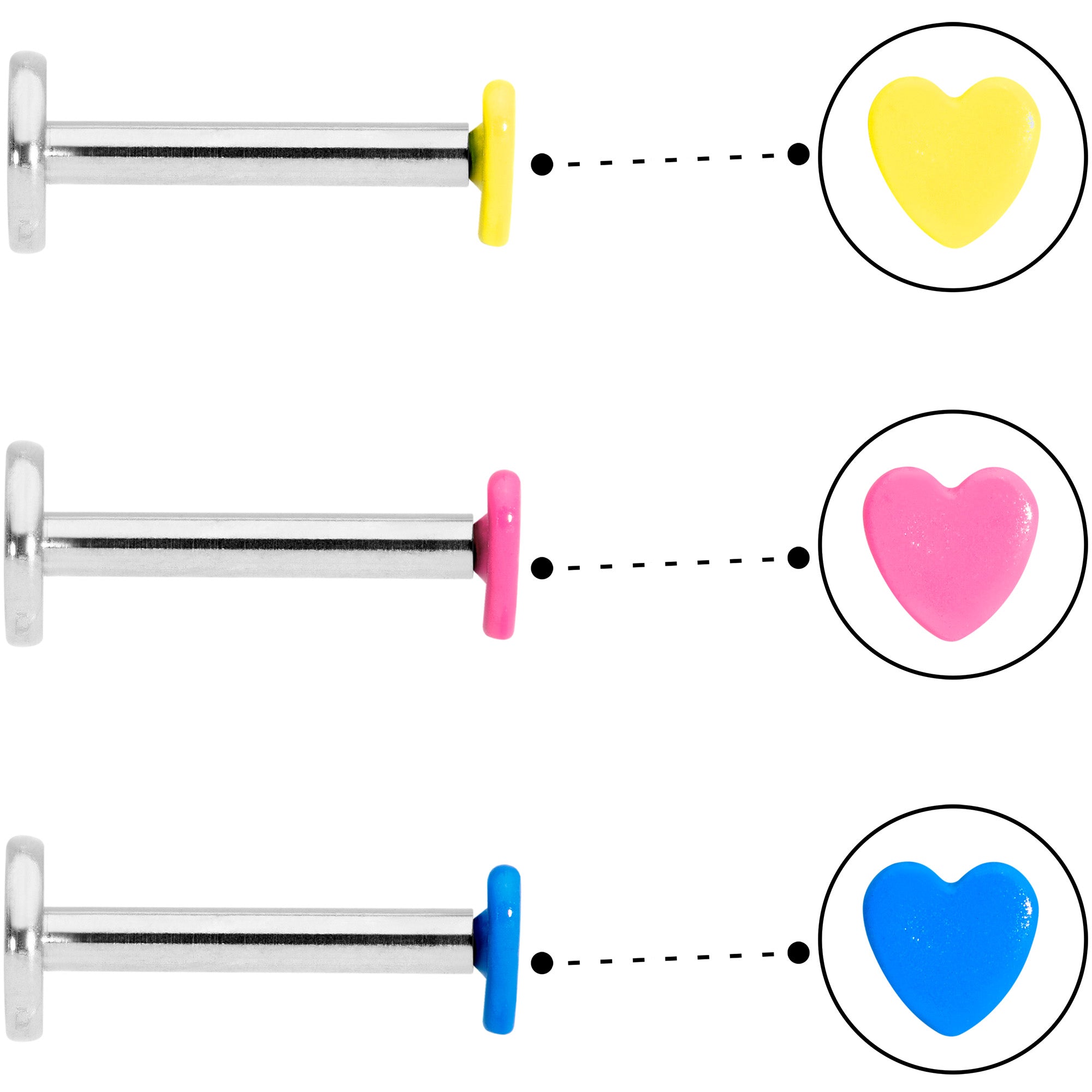 16G 5/16 Blue Pink Yellow Glow Heart Labret Set of 3