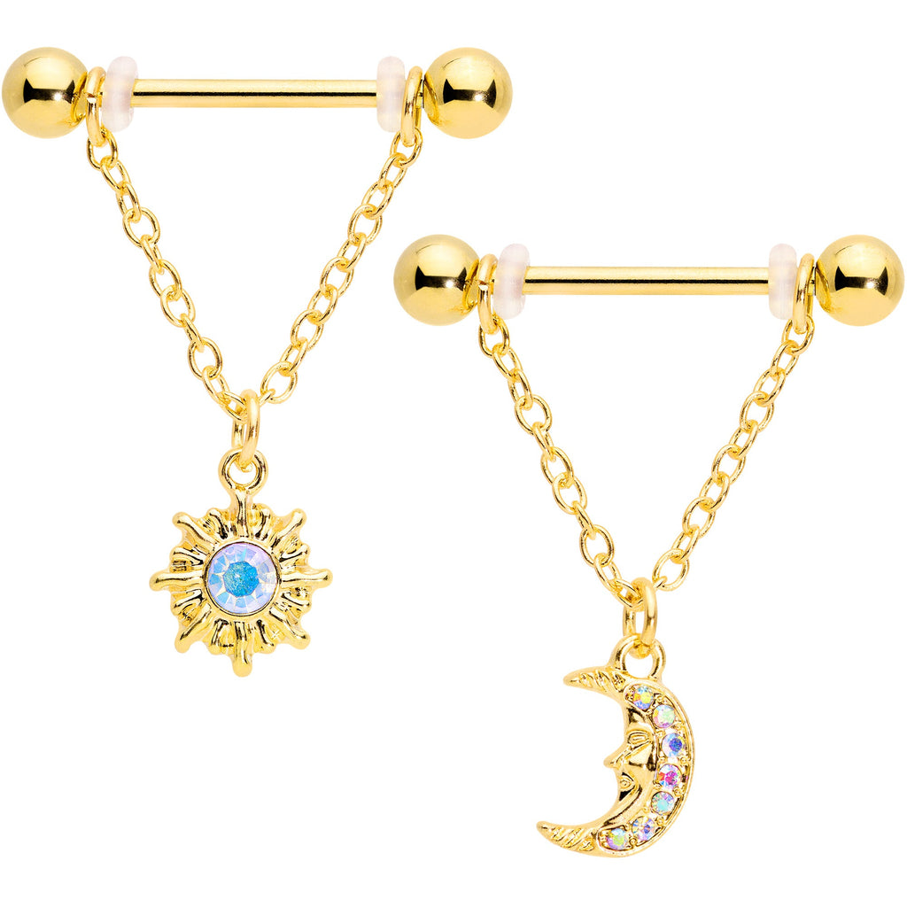14G 5/8 Aurora Gem Gold Tone Sun Moon Dangle Nipple Ring Set