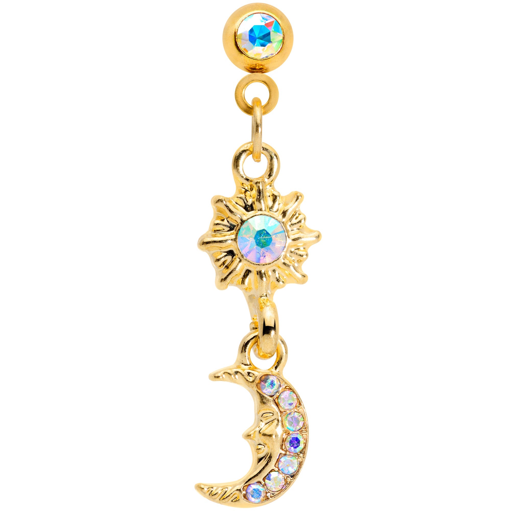 16G 1/4  Aurora Gem Gold Tone Moon Dangle Cartilage Tragus