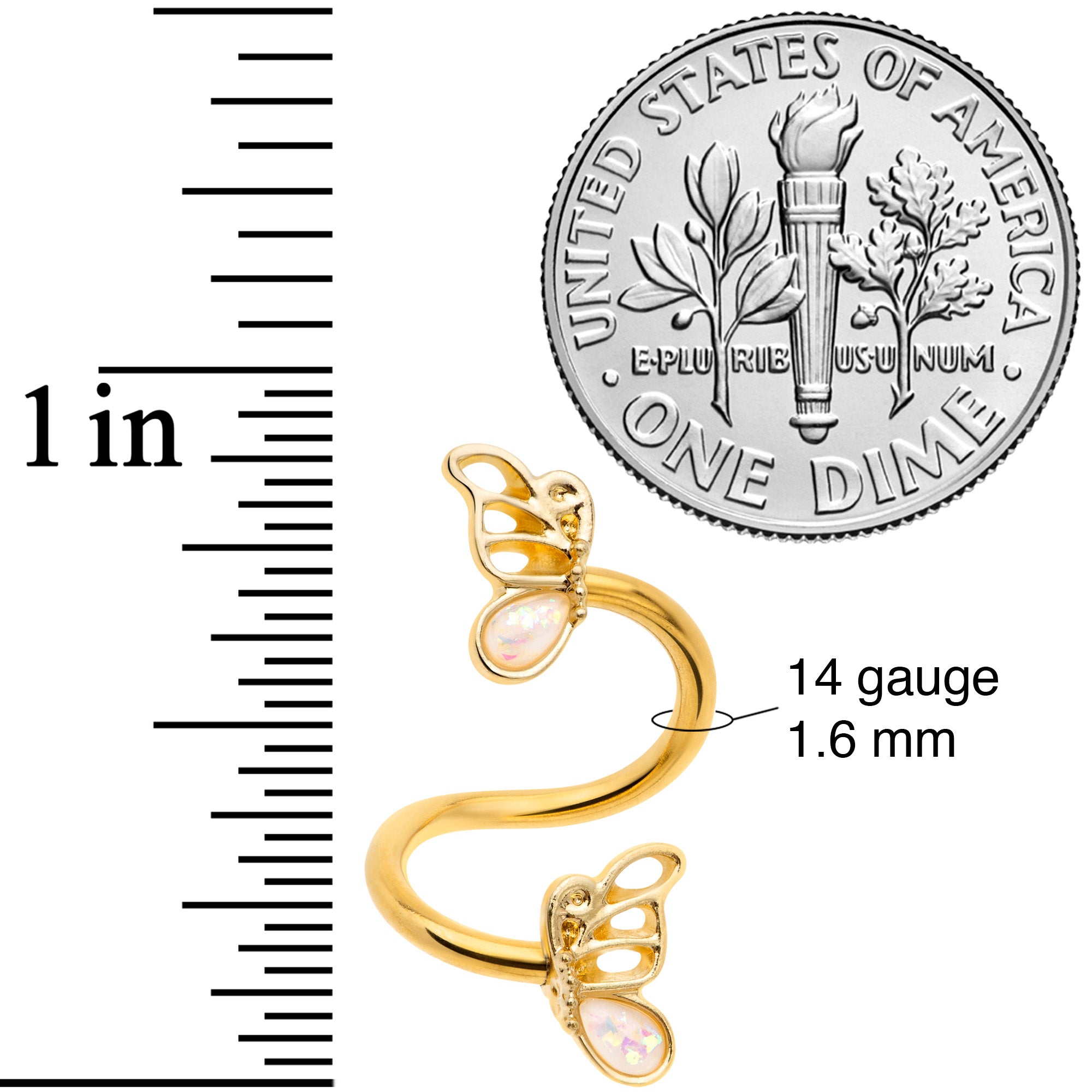 White Faux Opal Gold Tone Butterfly Spiral Twister Belly Ring