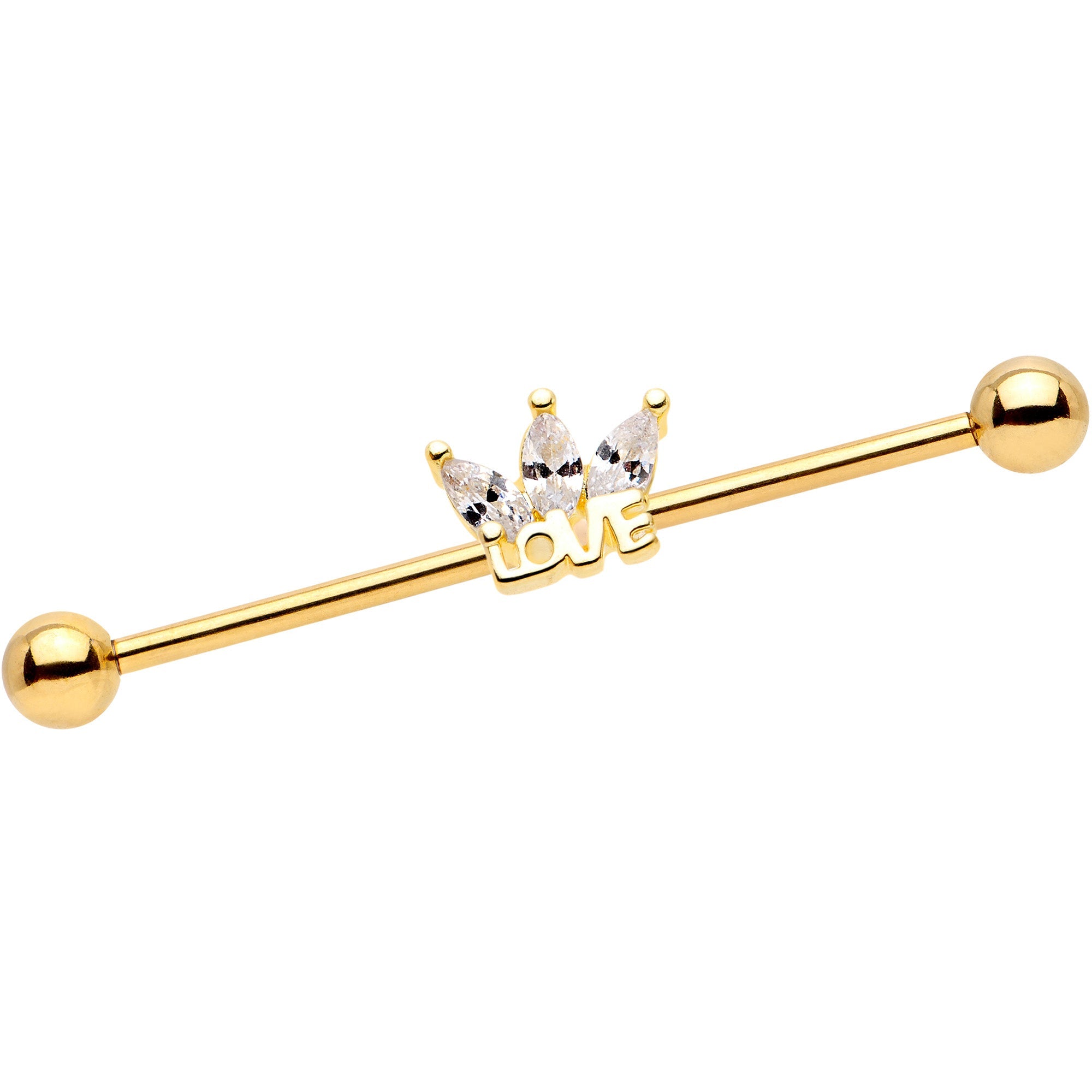 14G Clear Gem Gold Tone Crown of Love Industrial Barbell 38mm