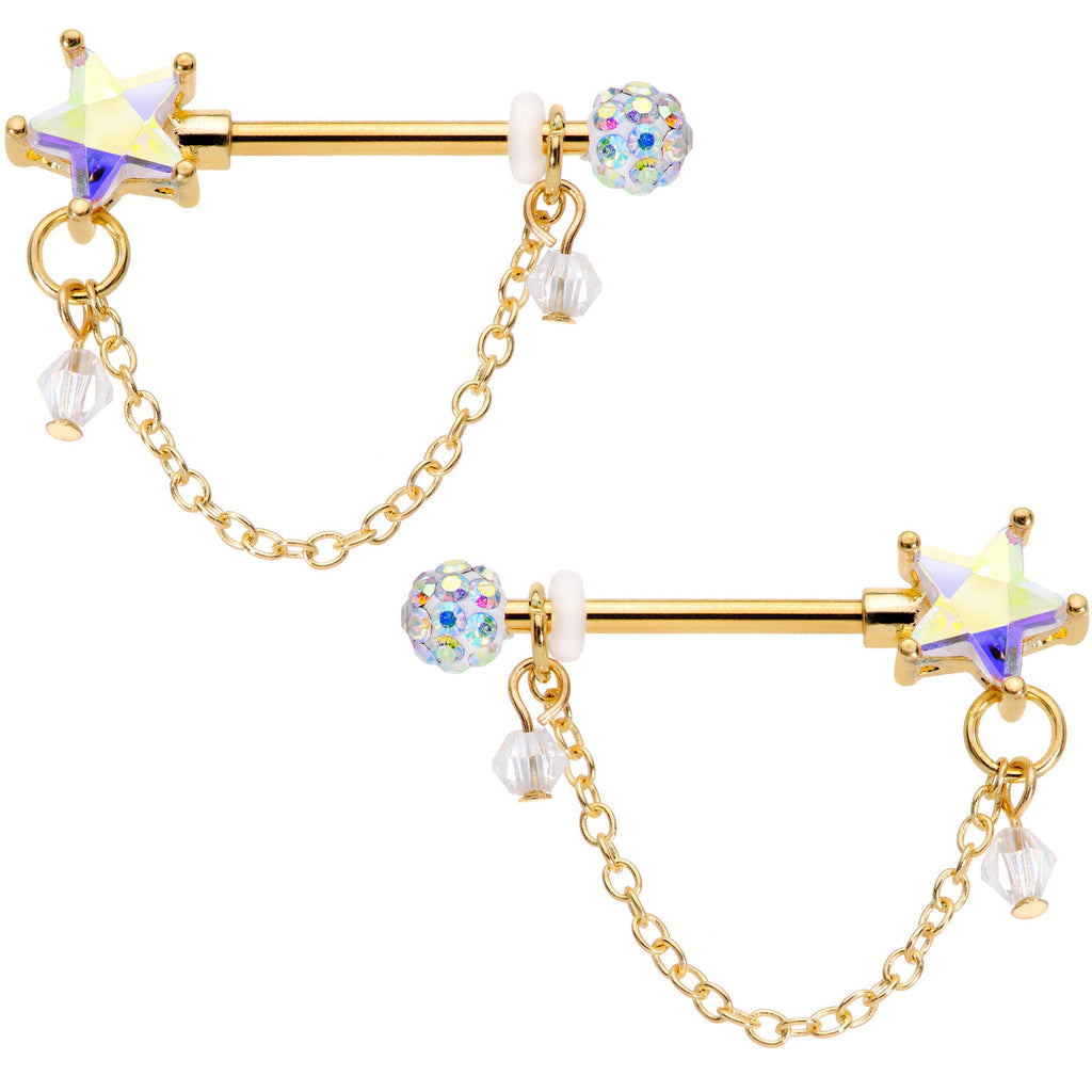 14G 5/8 Aurora Gem Gold Tone Star Chain Dangle Nipple Ring Set