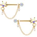 14G 5/8 Aurora Gem Gold Tone Star Chain Dangle Nipple Ring Set