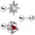16G 1/4 Pink Red Clear CZ Gem Moon Star Cartilage Tragus Set of 3