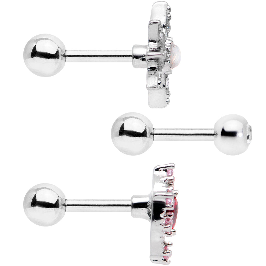 16G 1/4 Pink Red Clear CZ Gem Moon Star Cartilage Tragus Set of 3