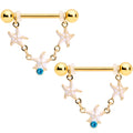 14G 9/16 Blue Gem Gold Tone Starfish Dangle Nipple Ring Set