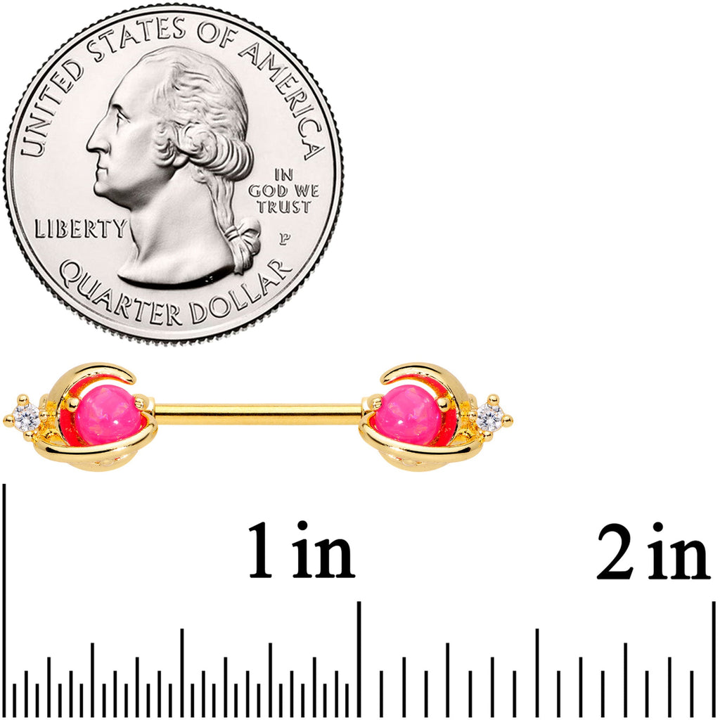 14G 9/16 Clear CZ Gem Gold Tone Pink Moon Barbell Nipple Ring Set