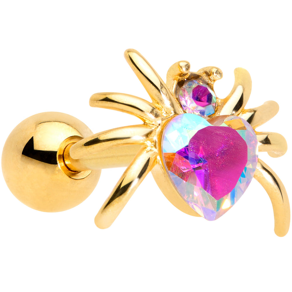 16G 1/4 Aurora Gem Gold Tone Heart Spider Cartilage Tragus
