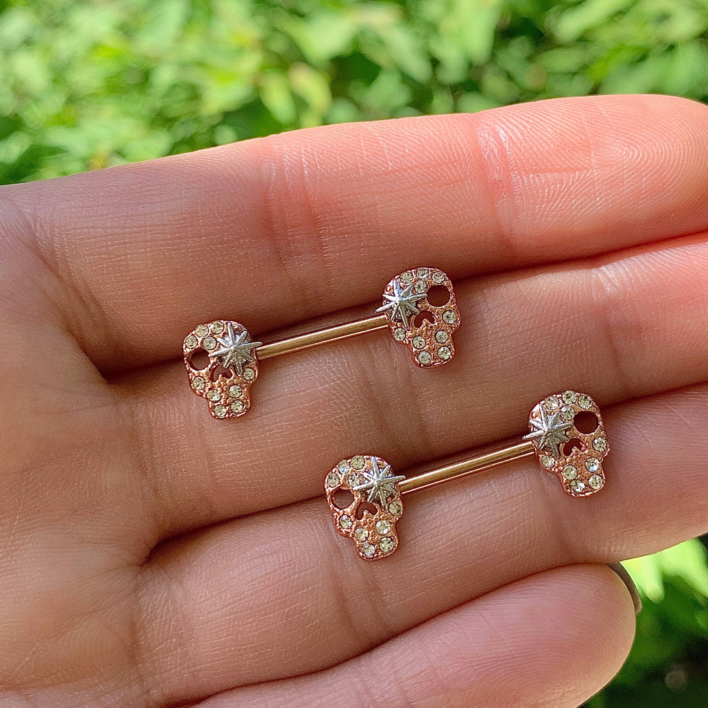 14G Clear Gem Rose Gold Tone Star Skull Barbell Nipple Ring Set