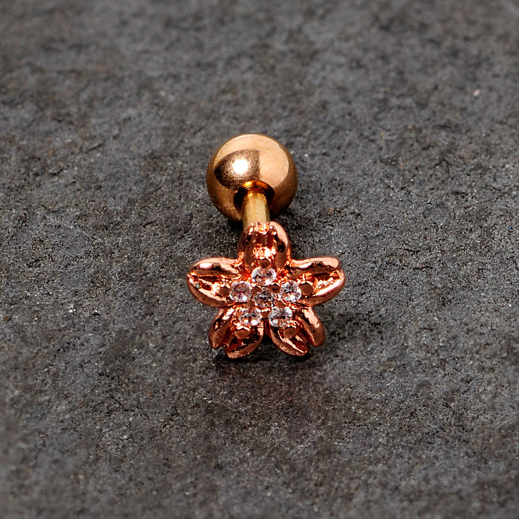 16G 1/4 Clear Gem Rose Gold Tone Flower Cartilage Tragus Earring