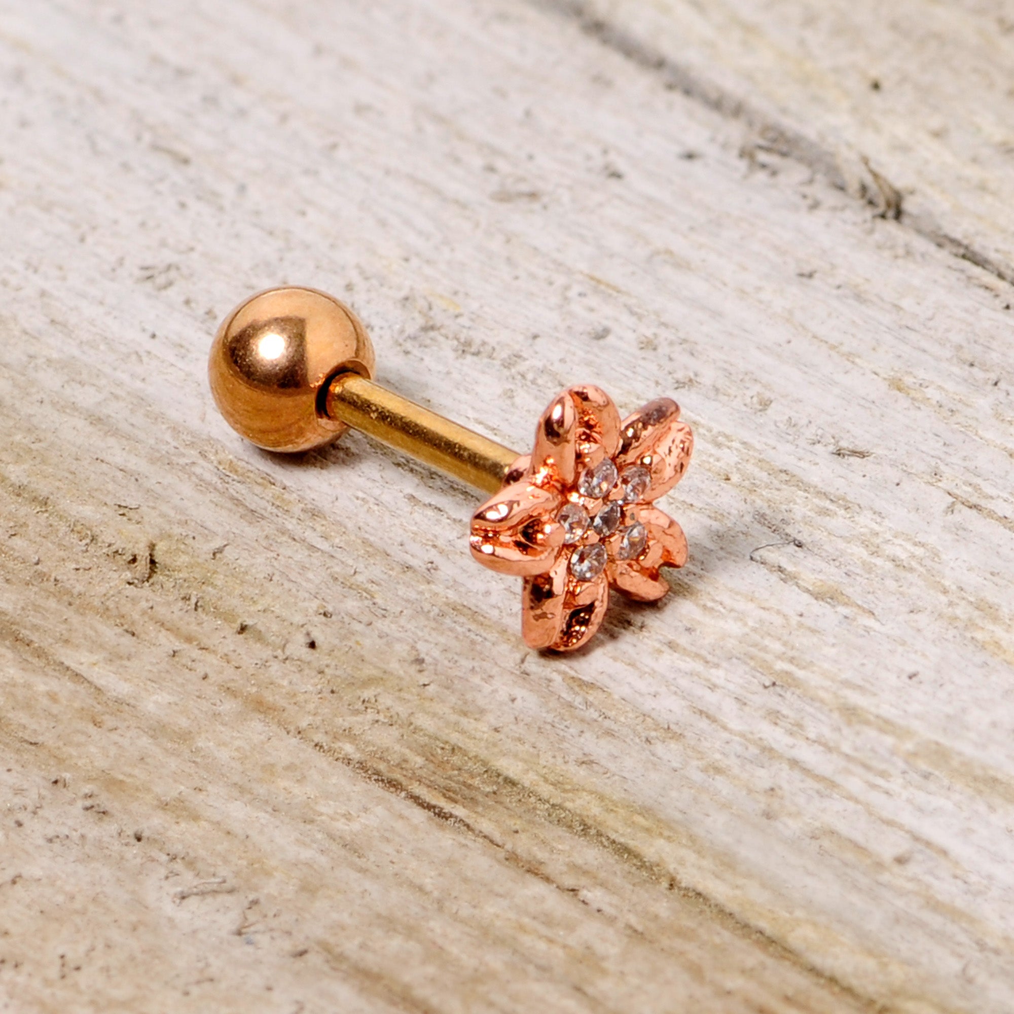 16G 1/4 Clear Gem Rose Gold Tone Flower Cartilage Tragus Earring