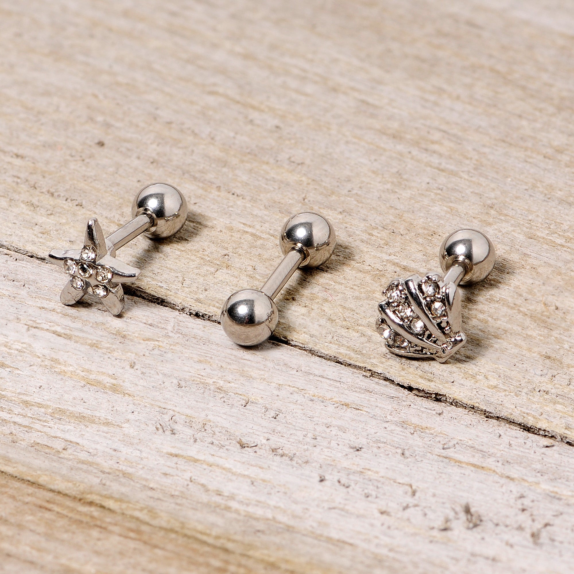 16G 1/4 Clear Gem Starfish Nautical Cartilage Tragus Set of 3