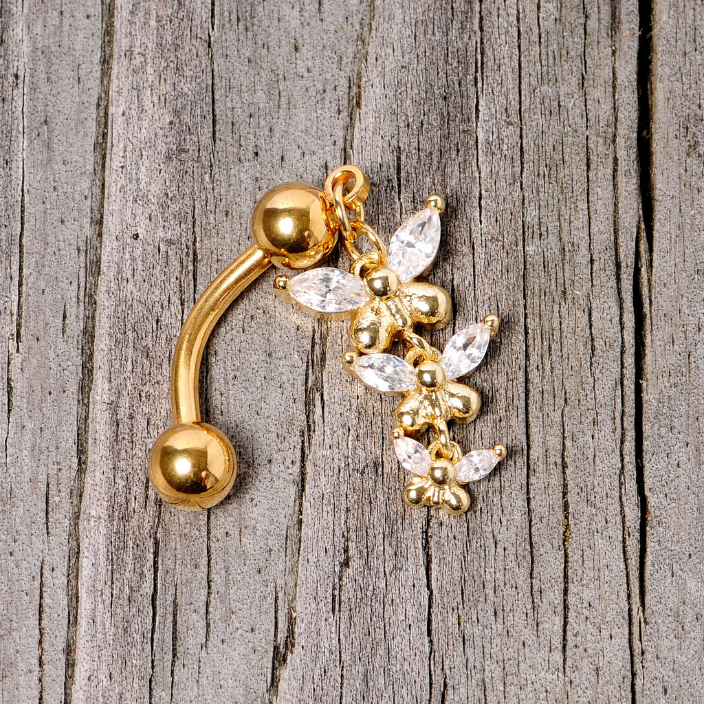 Clear Gem Gold Tone Band of Butterflies Top Mount Dangle Belly Ring