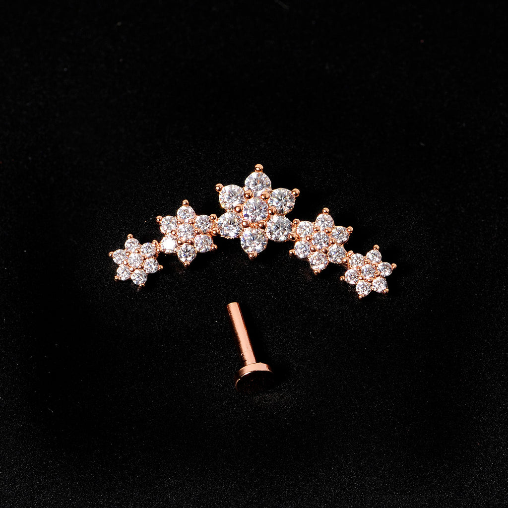 16G 1/4 Clear CZ Gem Rose Gold Tone Floral Internal Thread Labret