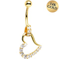 16G Solid 14K Yellow Gold Cubic Zirconia HOLLOW HEART CHARM Belly Ring