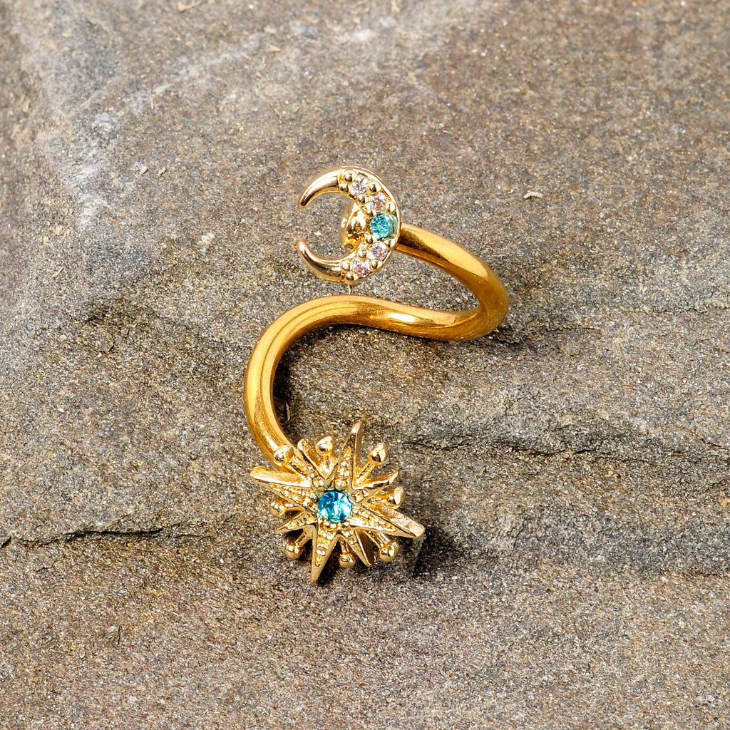 14G 3/8 Clear Blue Gem Gold Tone Moon Star Spiral Twister Belly Ring