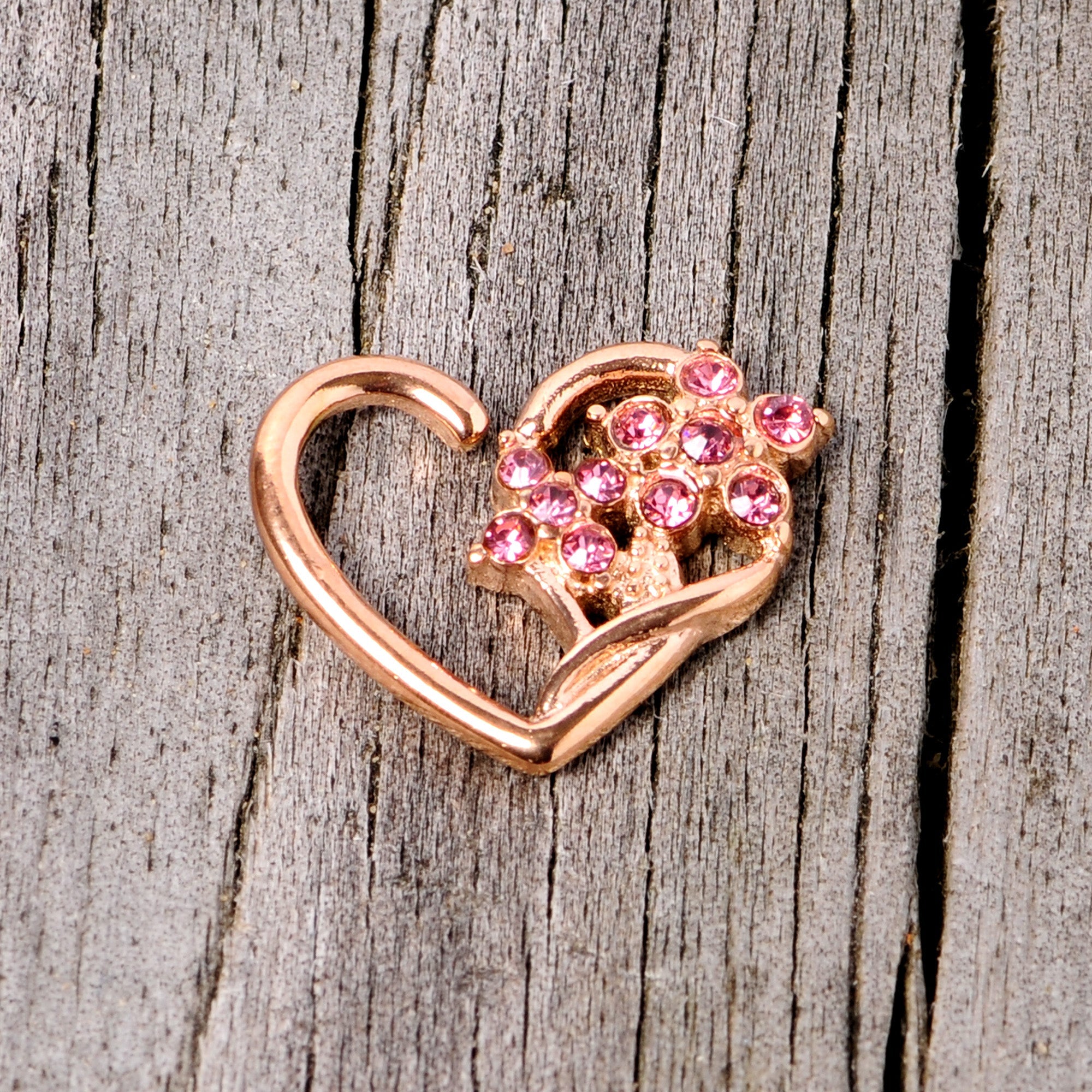 16G 3/8 Pink Gem Rose Gold Tone Heart Left Ear Closure Ring