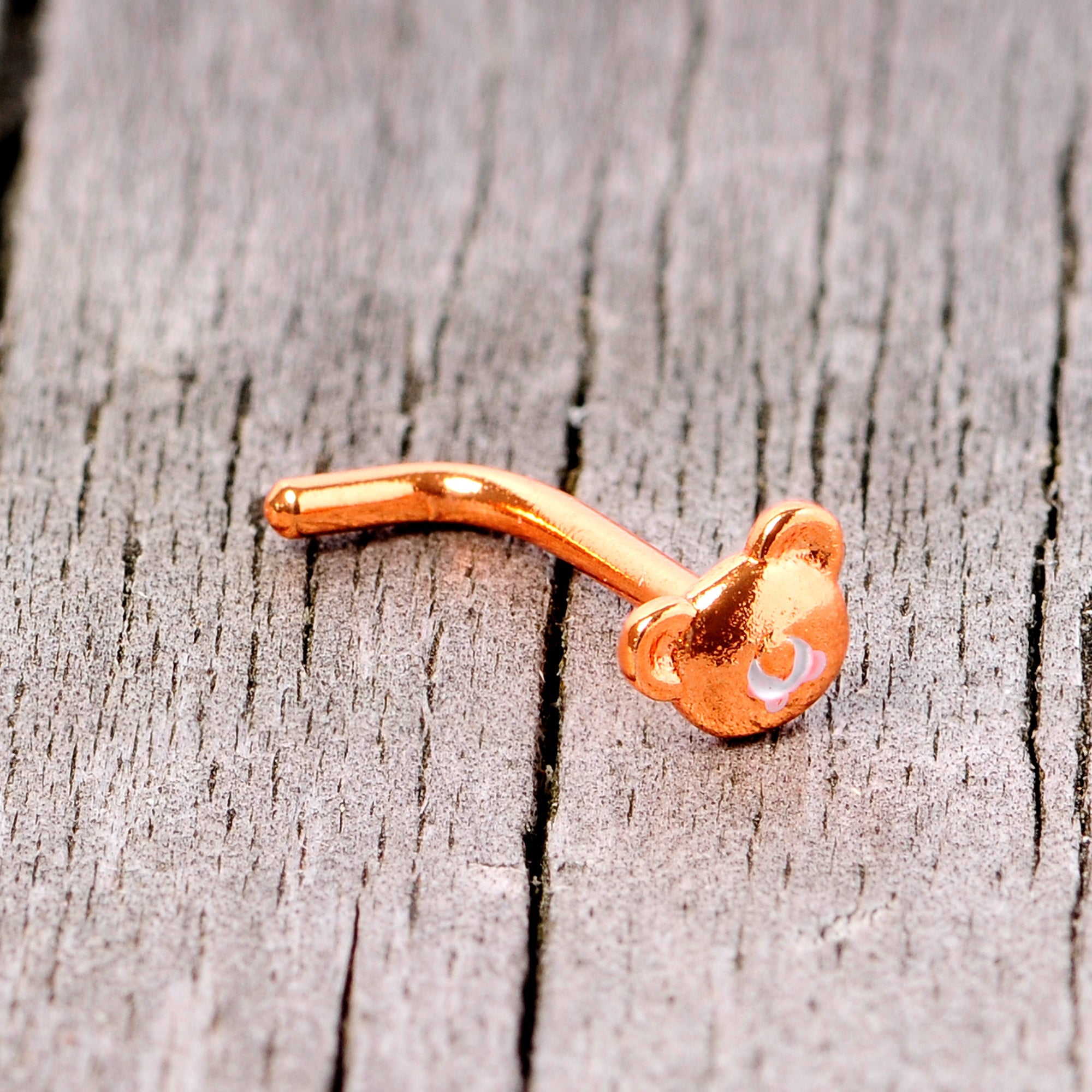18G 5/16 Rose Gold Tone Tiny Teddy Bear L Shaped Nose Ring