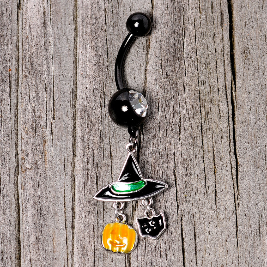 Clear Gem Black Cat Witch Hat Halloween Dangle Belly Ring