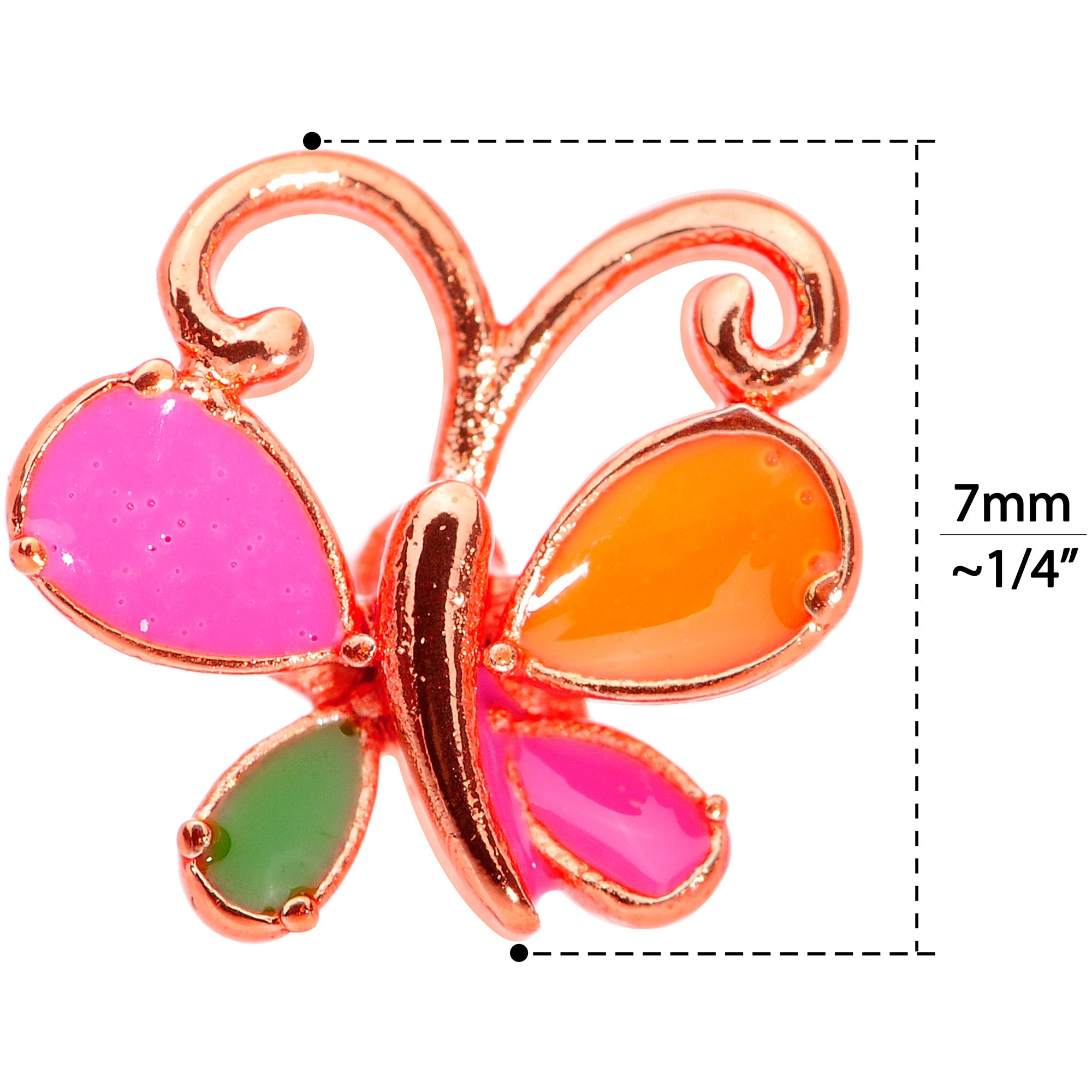 20G 1/4 Pink Orange Rose Gold Tone Butterfly L Shaped Nose Ring