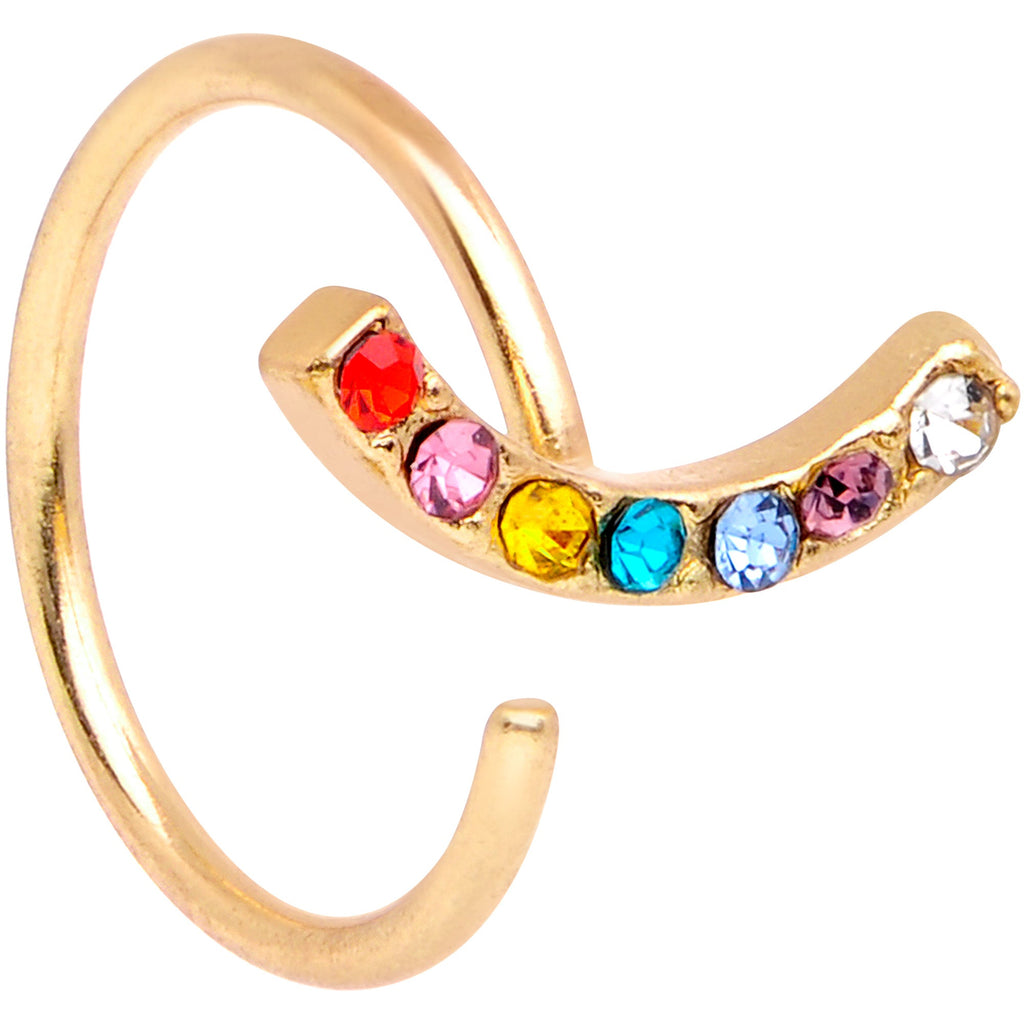 18G 3/8 Red Blue CZ Gem Gold Tone Rainbow Arc Nose Hoop