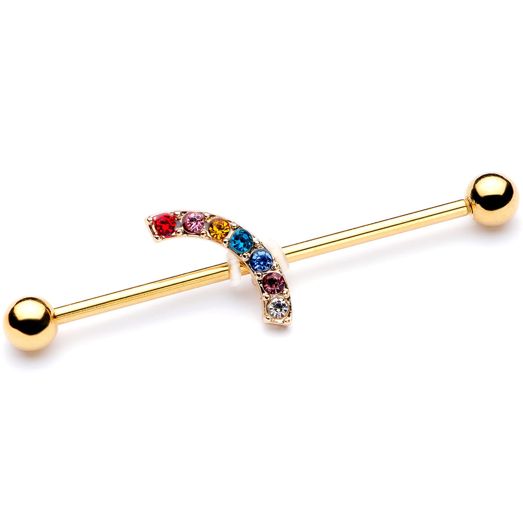 14G Red Blue Gem Gold Tone Rainbow Arc Industrial Barbell 38mm