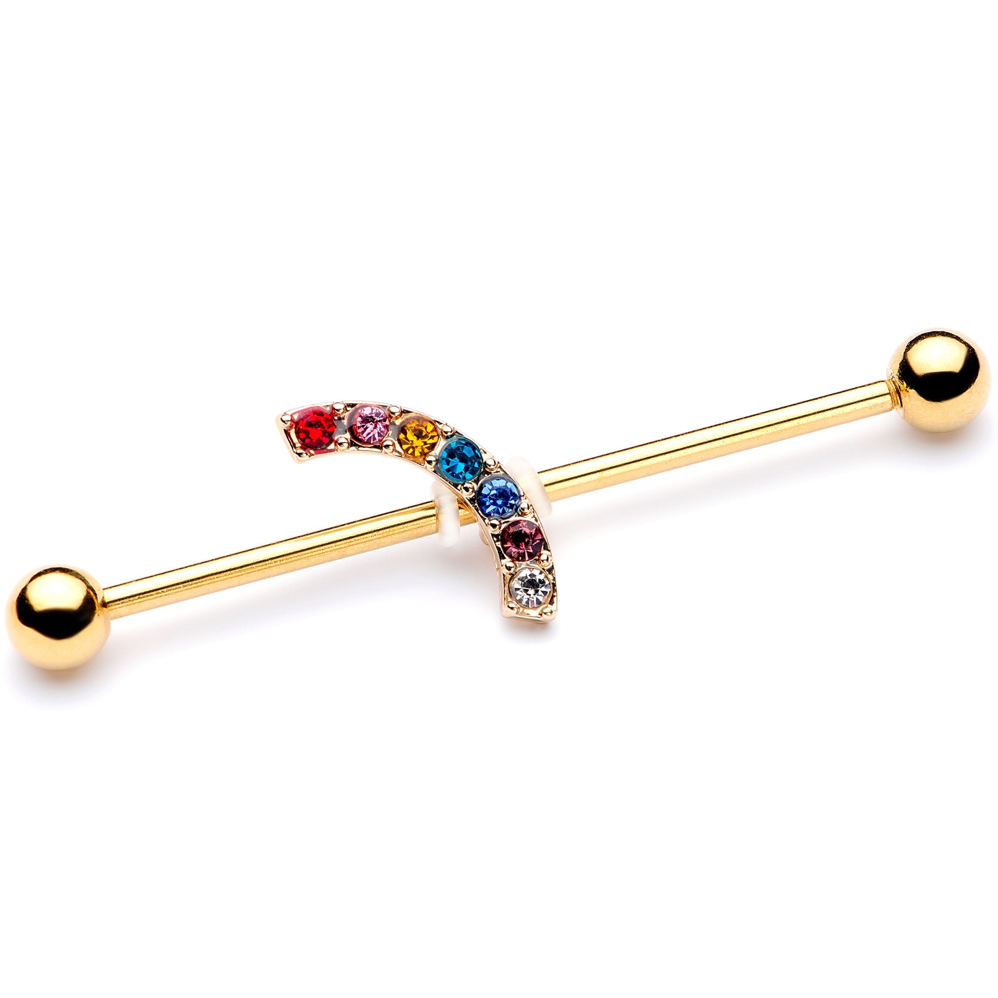 14G Red Blue Gem Gold Tone Rainbow Arc Industrial Barbell 38mm