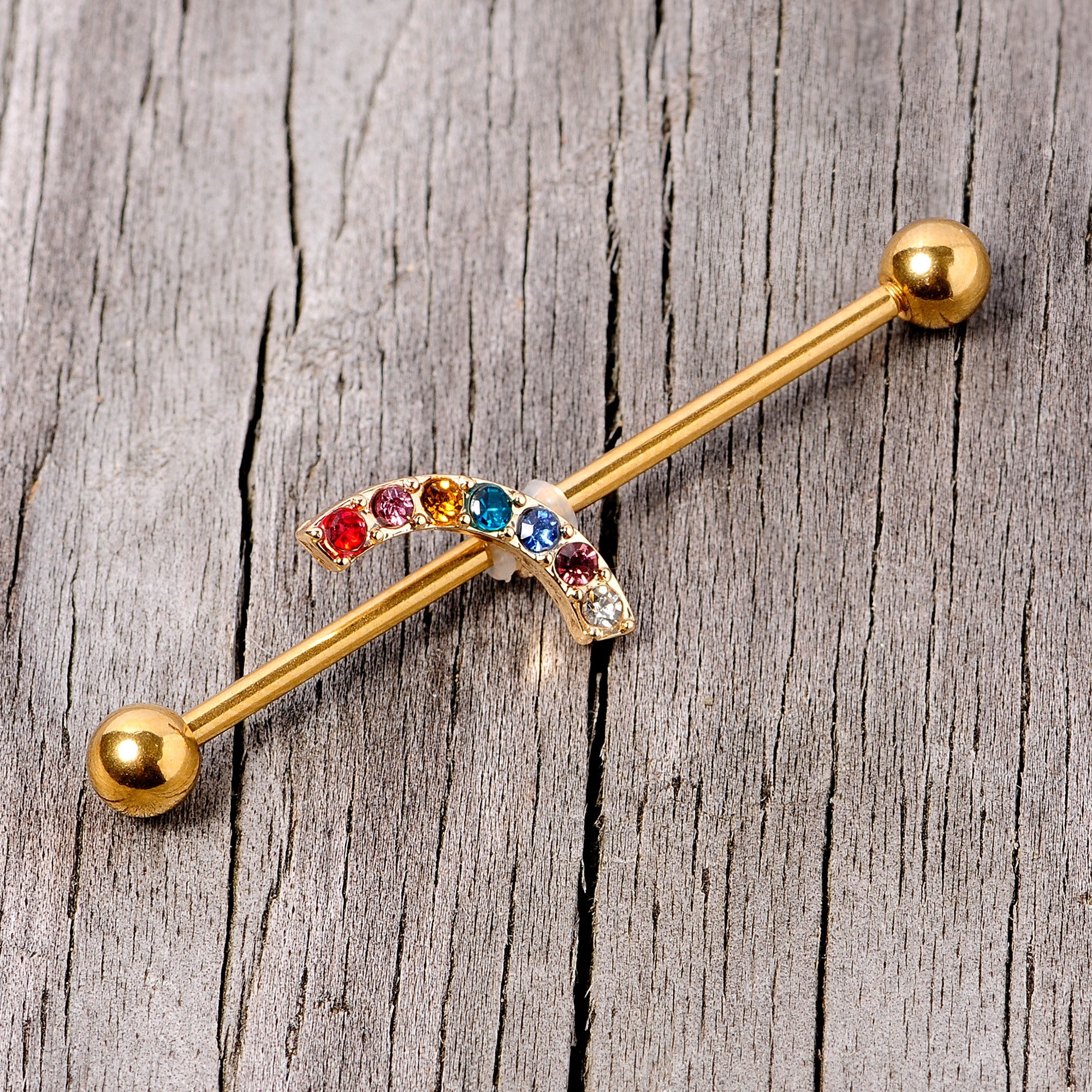 14G Red Blue Gem Gold Tone Rainbow Arc Industrial Barbell 38mm