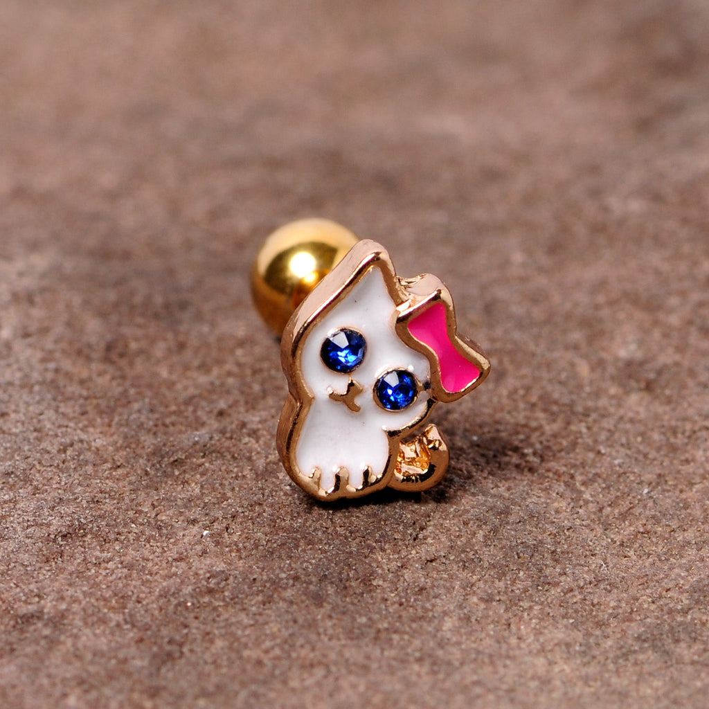 16G 1/4 Blue Gem Gold Tone Sweet Kitty Cat Cartilage Tragus