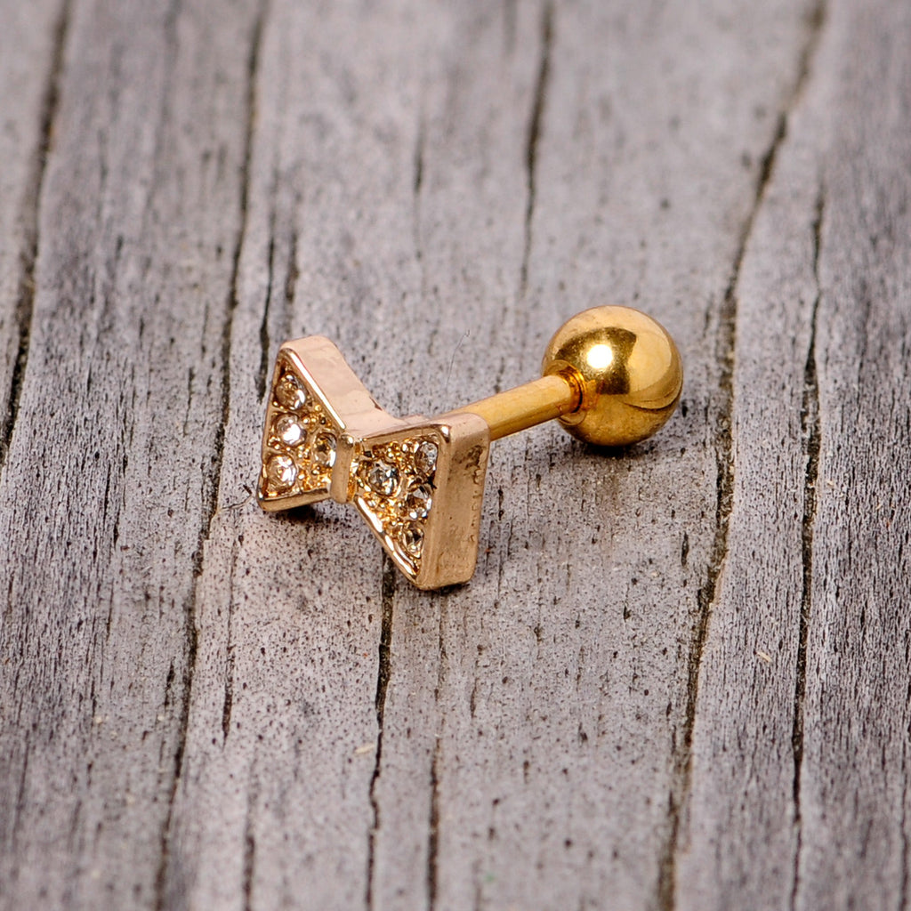 16G 1/4 Clear Gem Gold Tone Bow Tie Cartilage Tragus Earring
