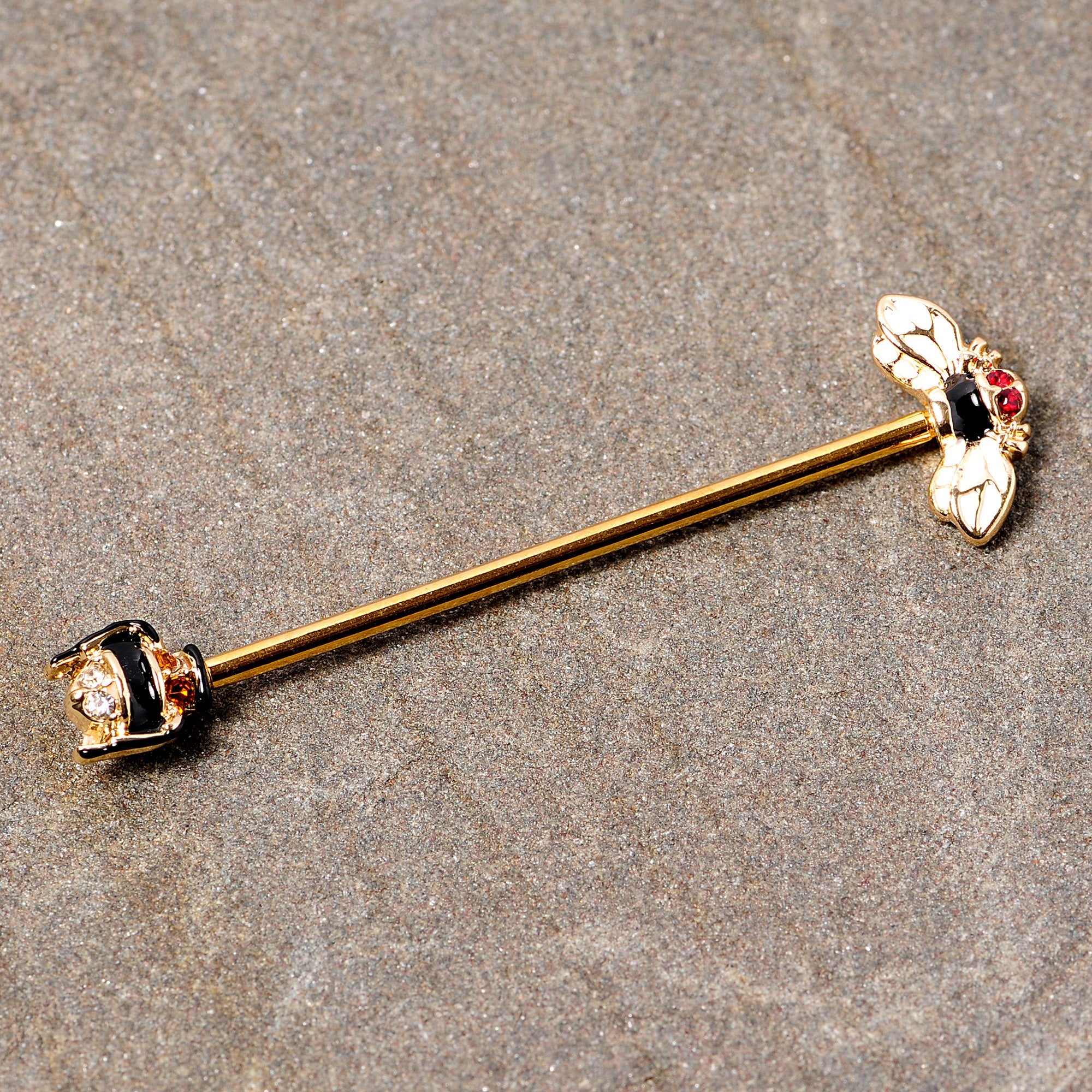 14G Clear Black Yellow Gem Gold Tone Bee Industrial Barbell 38mm