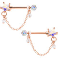 14G 5/8 Aurora Gem Rose Gold Tone Star Dangle Nipple Ring Set