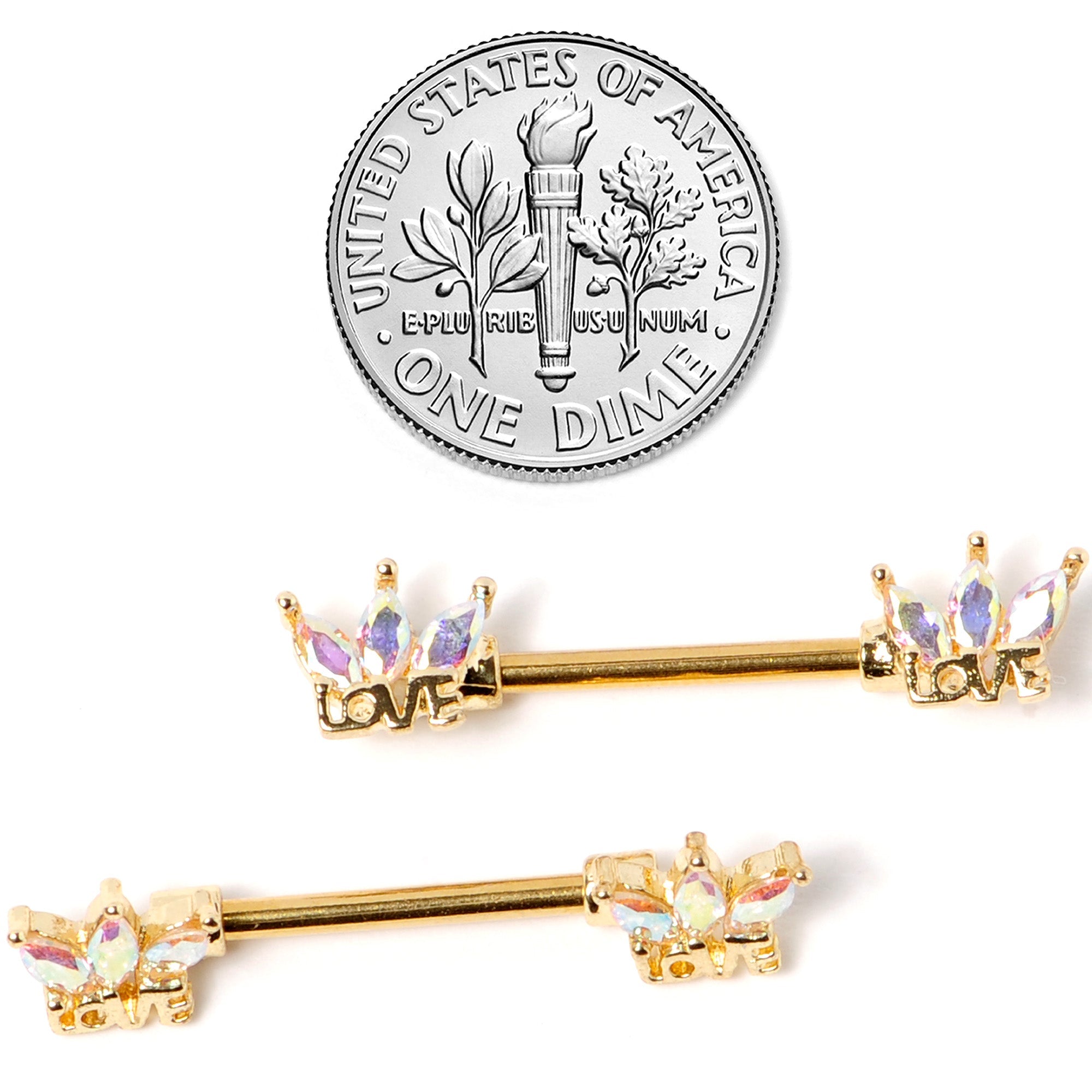 14G 9/16 Aurora Gem Gold Tone Crown Love Barbell Nipple Ring Set
