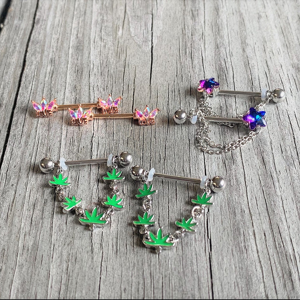 14G 5/8 Green Marijuana Pot Leaf Dangle Barbell Nipple Ring Set