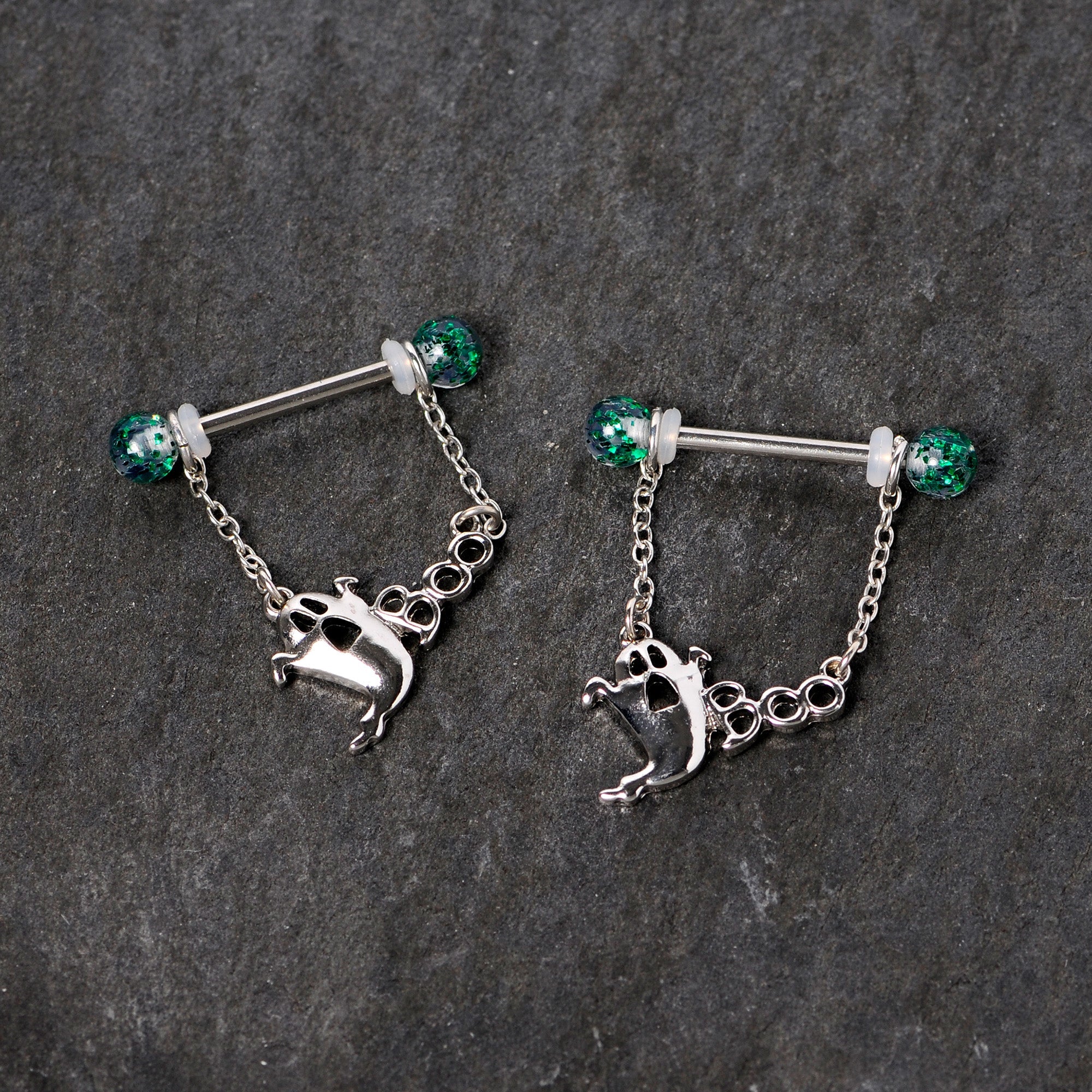 14G 5/8 UV Ball Boo Ghost Halloween Chain Dangle Nipple Ring Set