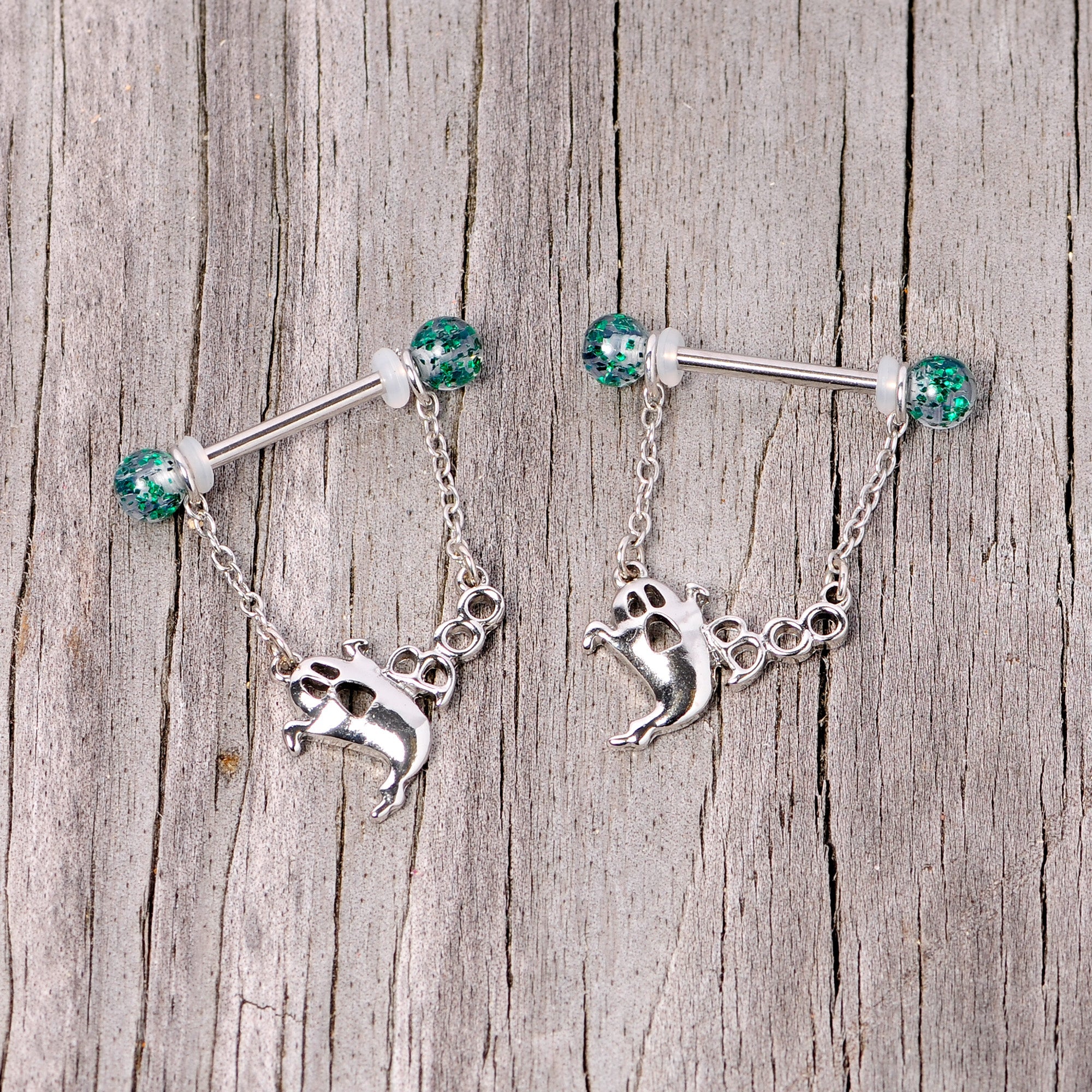 14G 5/8 UV Ball Boo Ghost Halloween Chain Dangle Nipple Ring Set