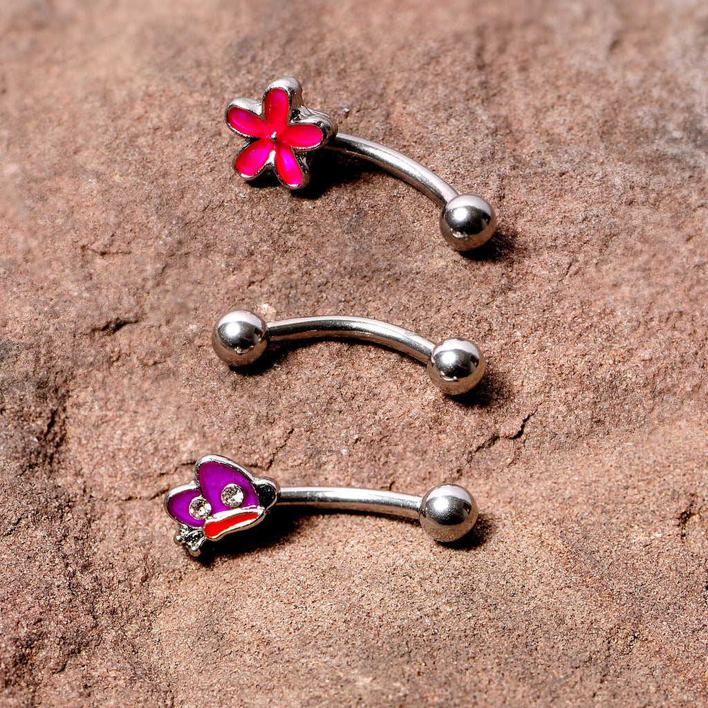 16G 5/16 Clear Gem Purple Butterfly Curved Eyebrow Ring Set of 3