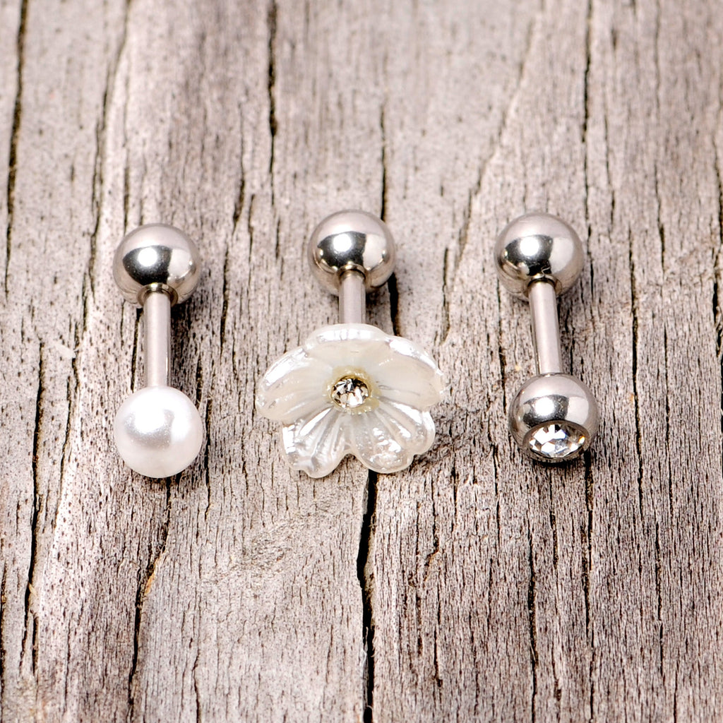 16G 1/4 Clear Gem Flower Cartilage Tragus Set of 3