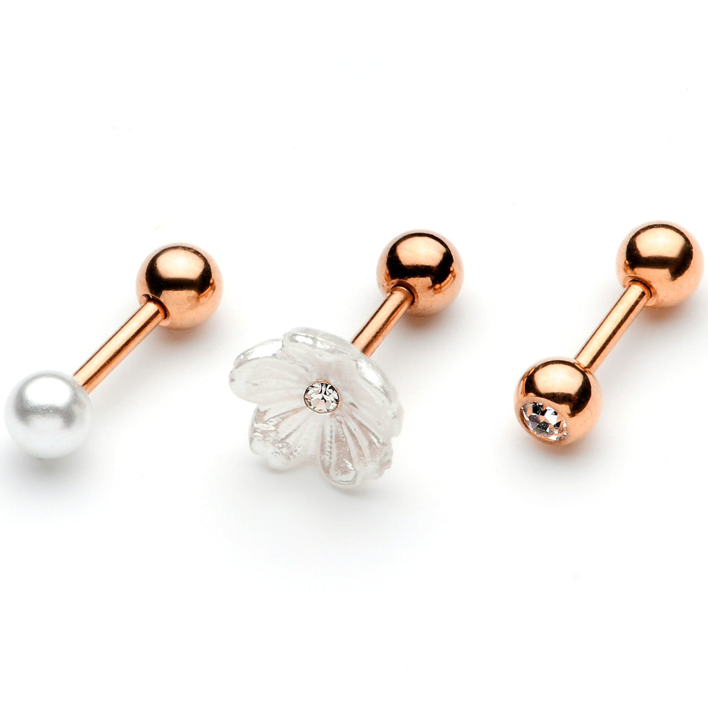 16G 1/4 Clear Gem Rose Gold Tone Flower Cartilage Tragus Curation Set of 3