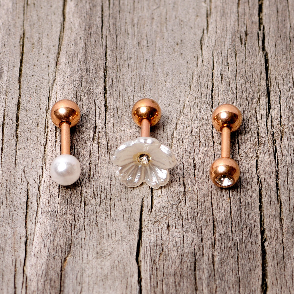 16G 1/4 Clear Gem Rose Gold Tone Flower Cartilage Tragus Curation Set of 3