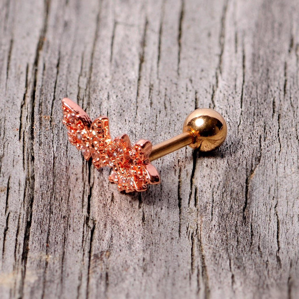 16G 1/4 Clear CZ Gem Rose Gold Tone Butterfly Trio Cartilage Tragus