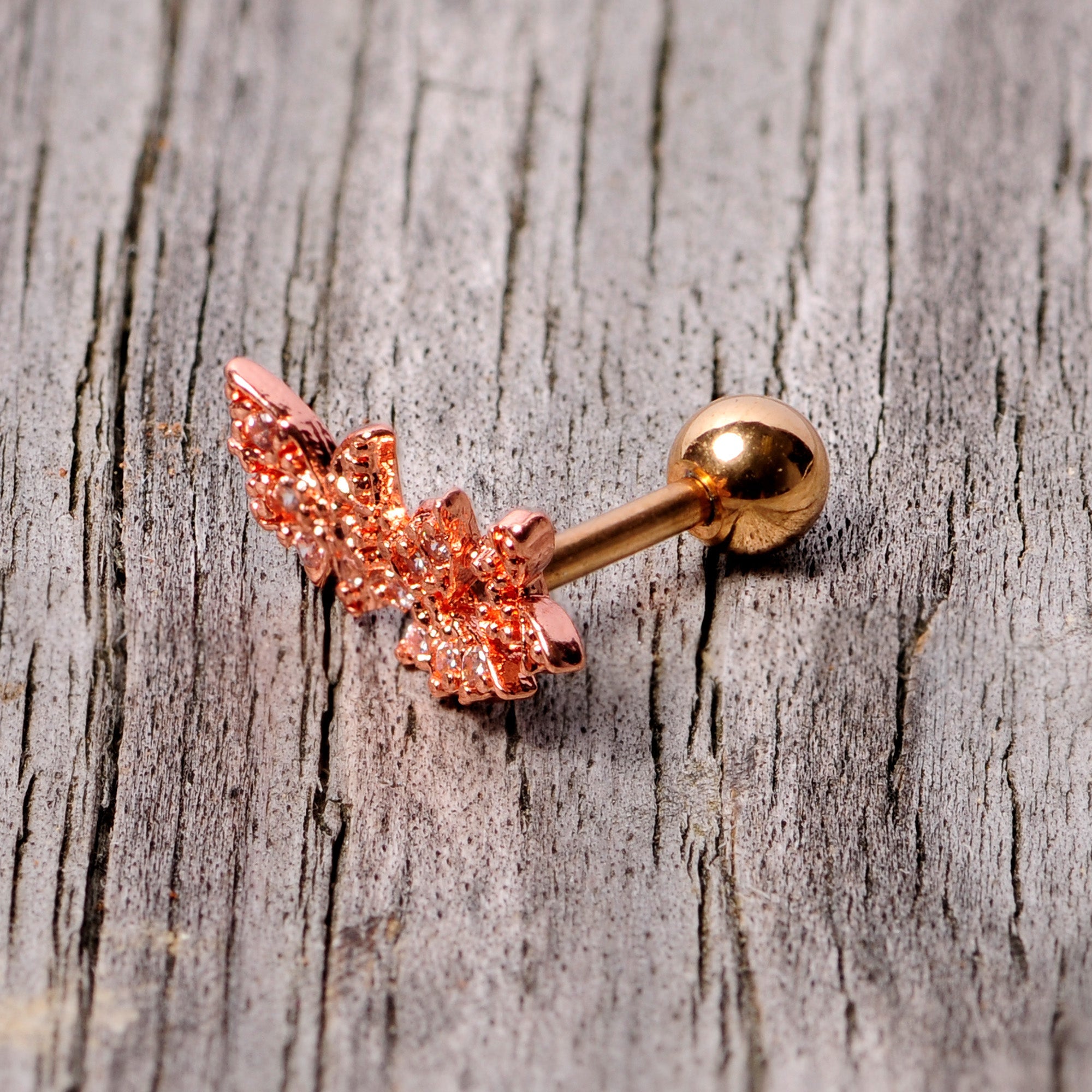 16G 1/4 Clear CZ Gem Rose Gold Tone Butterfly Trio Cartilage Tragus