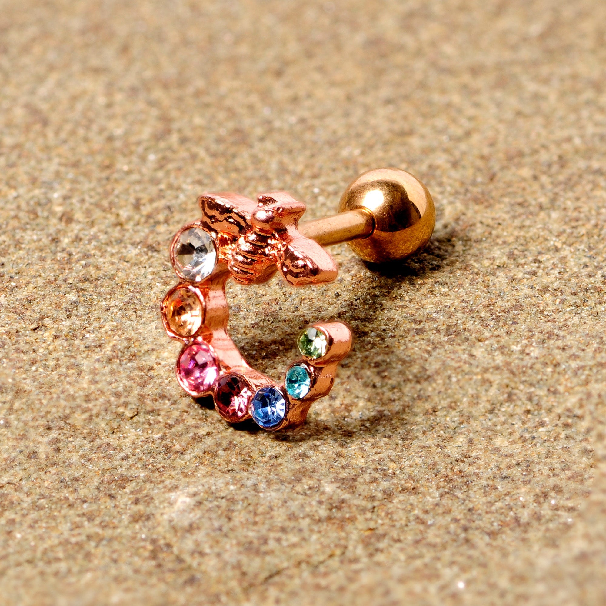 16G 1/4 Multicolor Gem Rose Gold Tone Bee Cartilage Tragus Earring