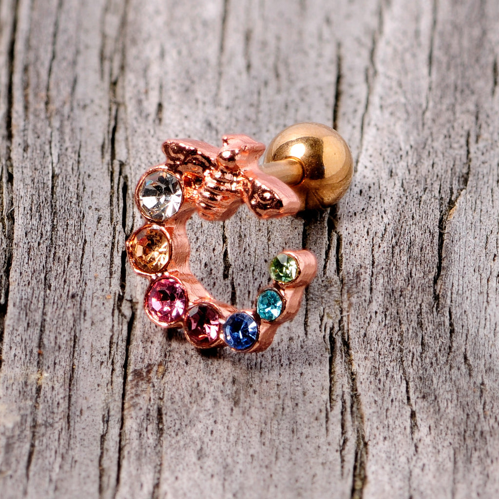 16G 1/4 Multicolor Gem Rose Gold Tone Bee Cartilage Tragus Earring