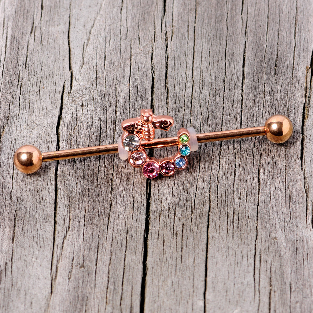 14G Multicolor Gem Rose Gold Tone Bee Industrial Barbell 38mm